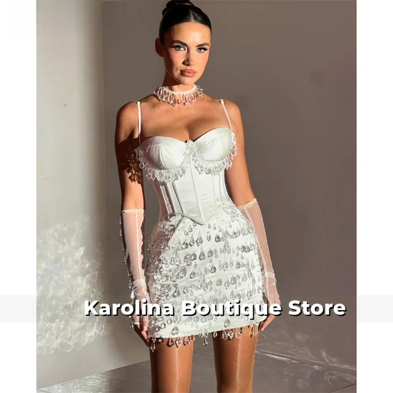 Customized White Spaghetti Strap Crystal Prom Dresses Corset Sleeveless vestidos de noche Sheath Mini Formal Evening 2025