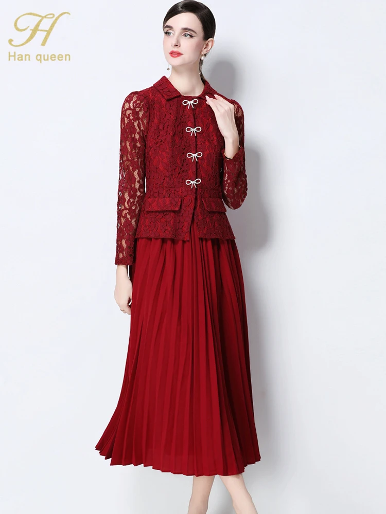 H Han Queen المرأة الخريف المدرج عطلة حفلة موسيقية فساتين النمط الفرنسي وهمية اثنين من الدانتيل المرقعة فساتين مطوي