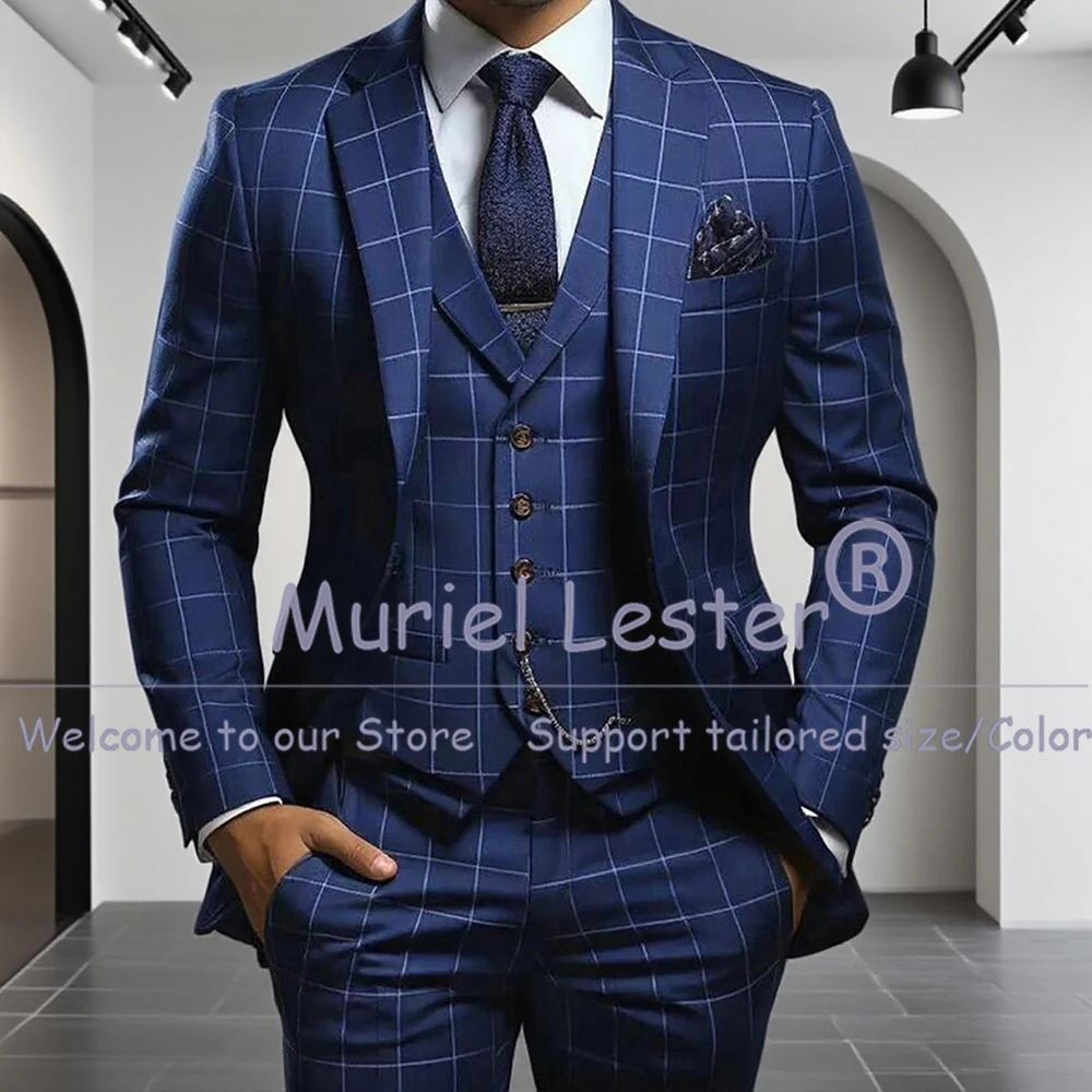 

Customized Plaid Business Suit For Men Single Breasted Jacket Vest Pants 3 Pieces Groom Wedding Tuxedo trajes para hombre 2025