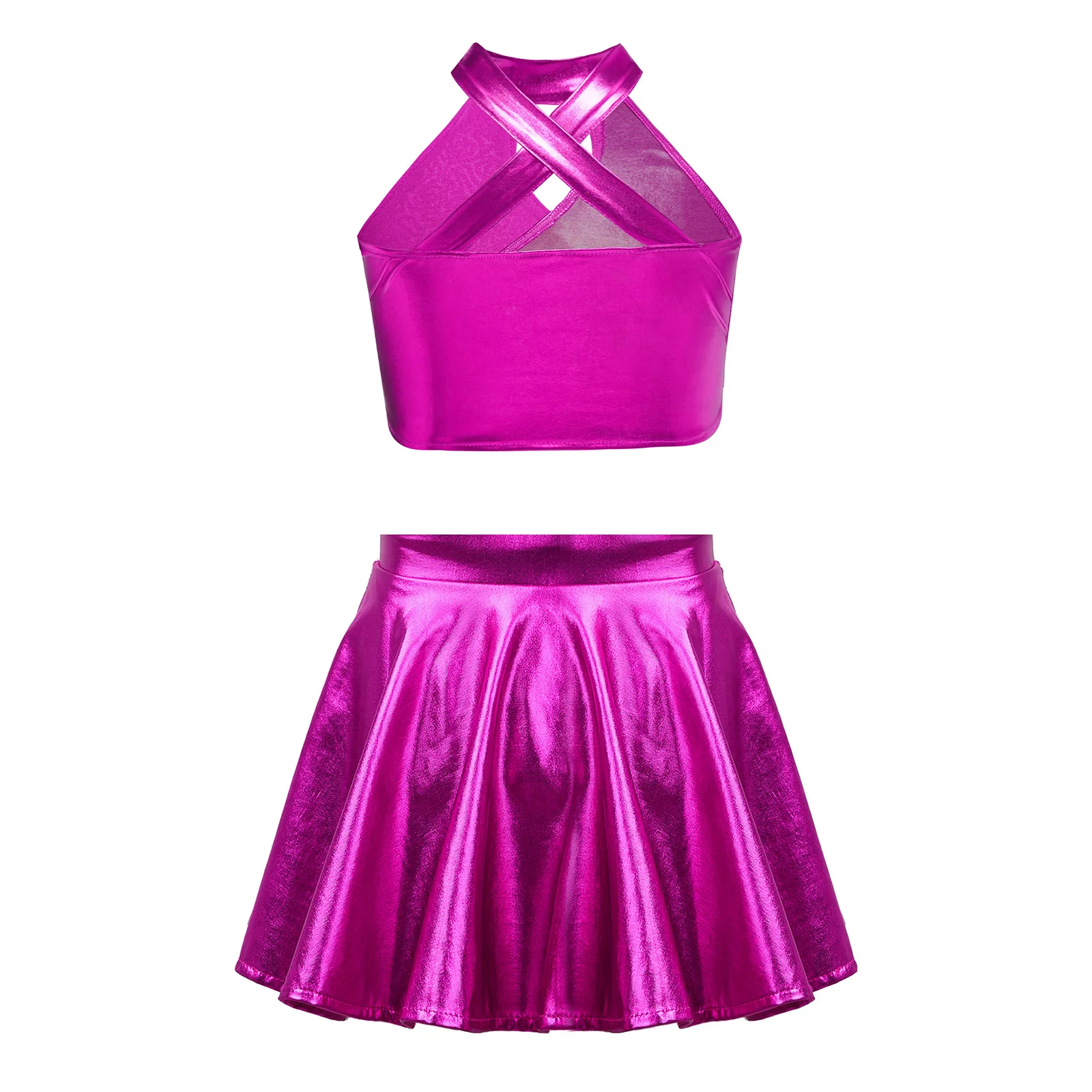 Roupa de dança jazz com lantejoulas para meninas, top curto metálico brilhante com saia evasê, conjunto de trajes de performance de líder de torcida de basquete escolar