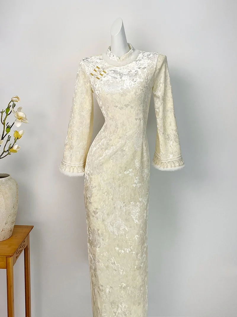 

Женское утепленное зимнее длинное платье-ципао с флисовой подкладкой, винтажное, для повседневной носки, с завышенной талией, в традиционном китайском стиле, длинное