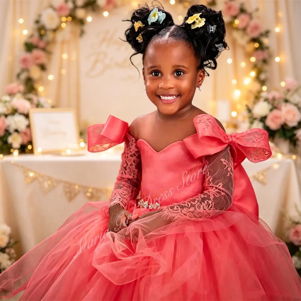 Watermelon Red Sweetheart Leader Flower Girl Dresses for Wedding with Bow Lace Tulle Kids Birthday First Communion Gown