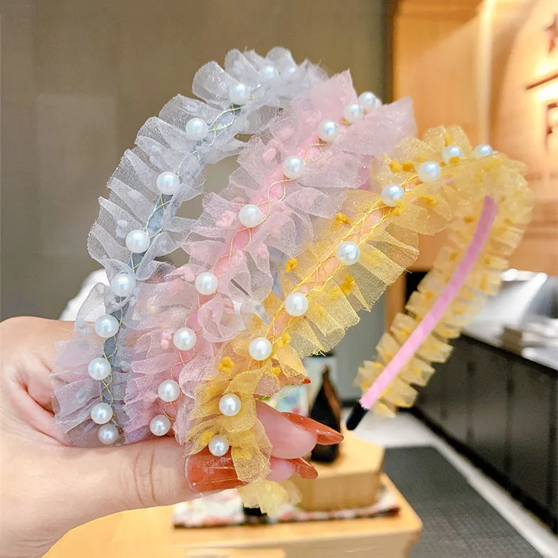 

New fashionable children's hairband Korean mesh imitation pearl lace princess hairpin cute baby girl headband hair accessories