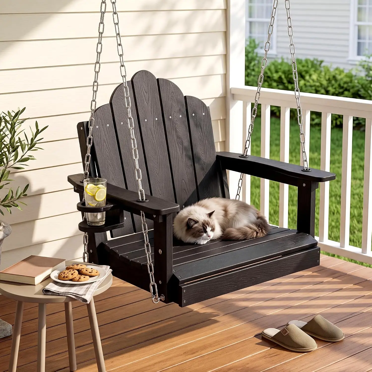 Single Outdoor Swing Chair Cup Holder HDPE Porch Swing Black Wood Grain Poly Lumber Seat Patio Deck Balcony Galvanized Chains On