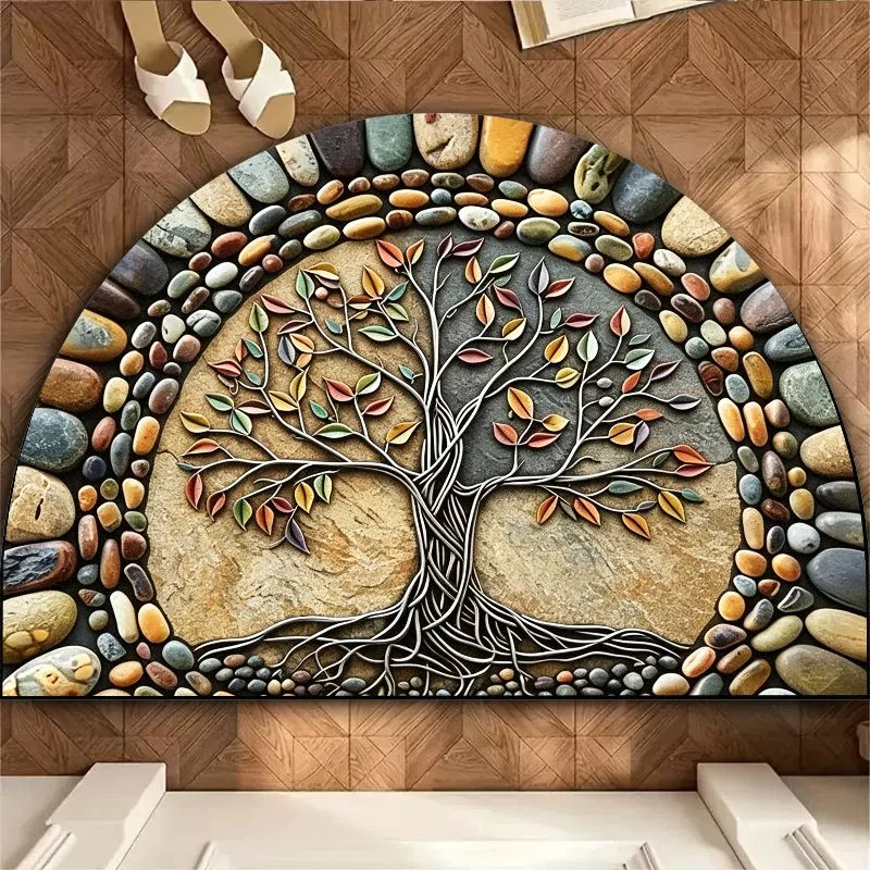 VIKAMA Autumn Tree of Life Mat, Fall Pebble Semi-Circle Non-slip Shower Rug