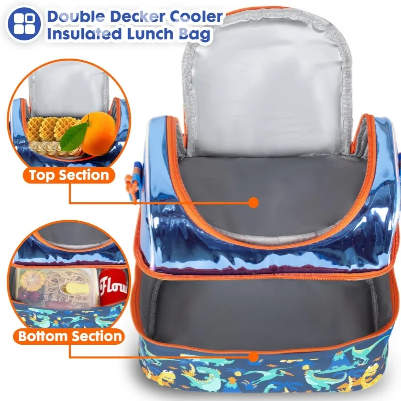 VEST Kids Double cooler Insulated lunch bag Large tote for boys and girls with adjustable shoulder straps for dinosaurs