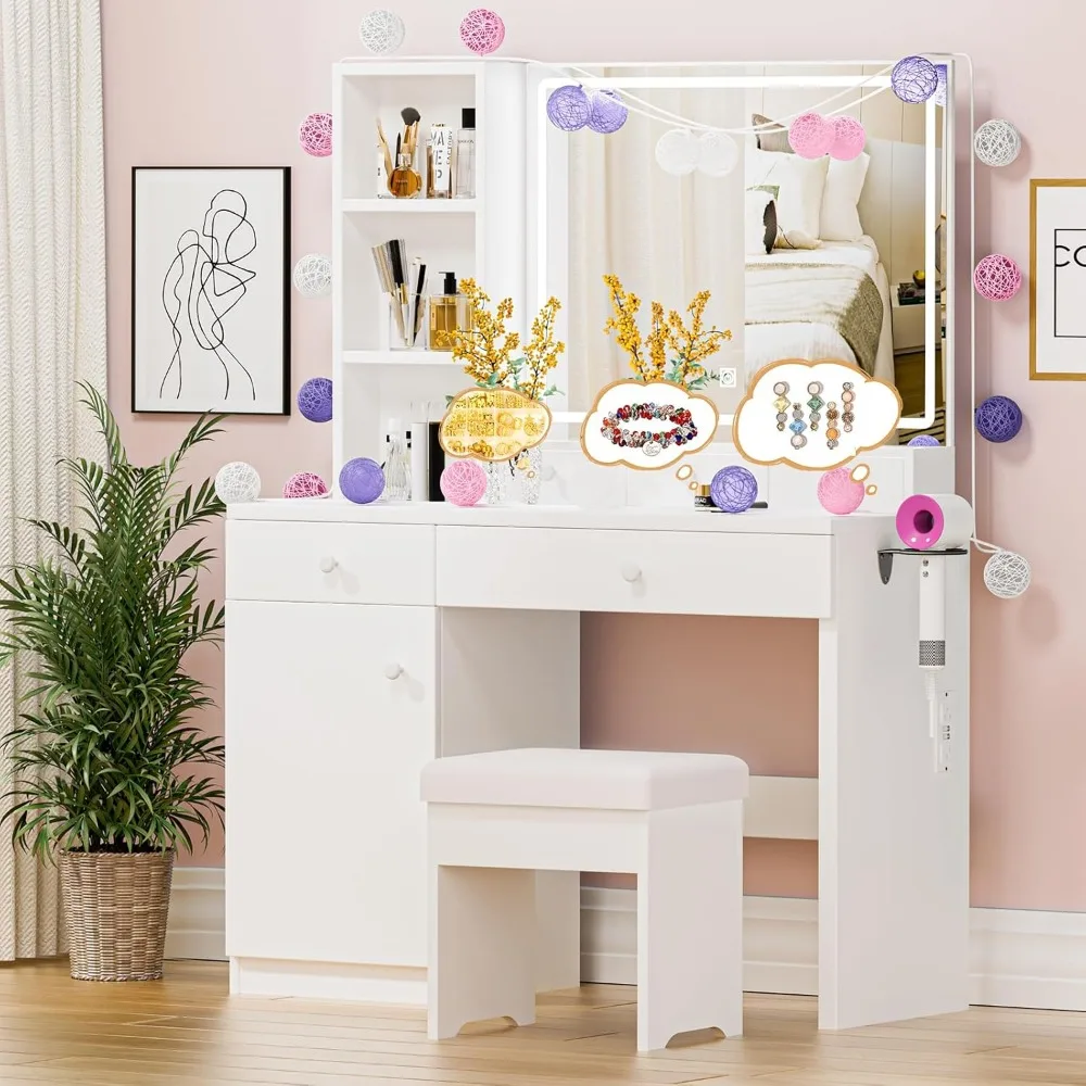 Vanity Desk with Mirror,LED Lights and Power Outlet, Makeup Table with 5 Drawers and 3 Storage Shelves