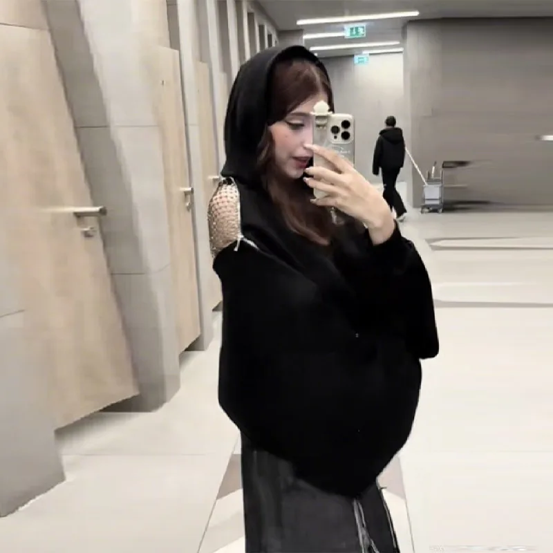 Sexy évidé filet de pêche dos nu à capuche mode nouveautés Cool noir décontracté Chic Cardigan sweat vêtements esthétiques