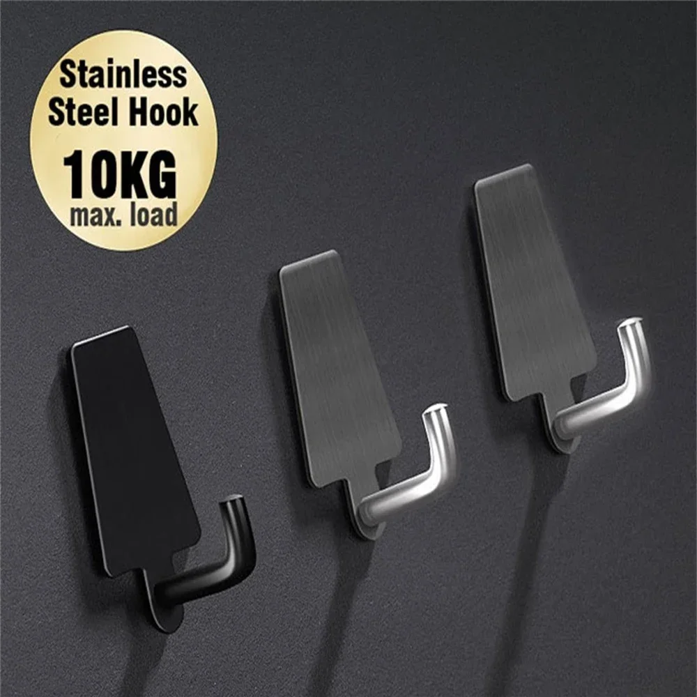 4/10pc 304 Stainless Black Self-Adhesive Wall Hook For Hanging Keys Clothes Hanger Door Robe Hook Coat Rack Bathroom Accessories