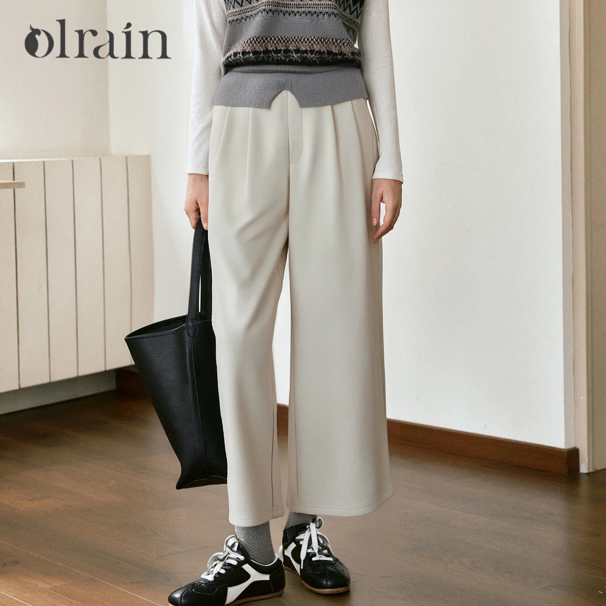 

OLrain Casual Ankle-Length Pants for Woman 2025 Autumn Winter Wide-leg Pants Pockets Solid Straight Female Trousers O57QK001500