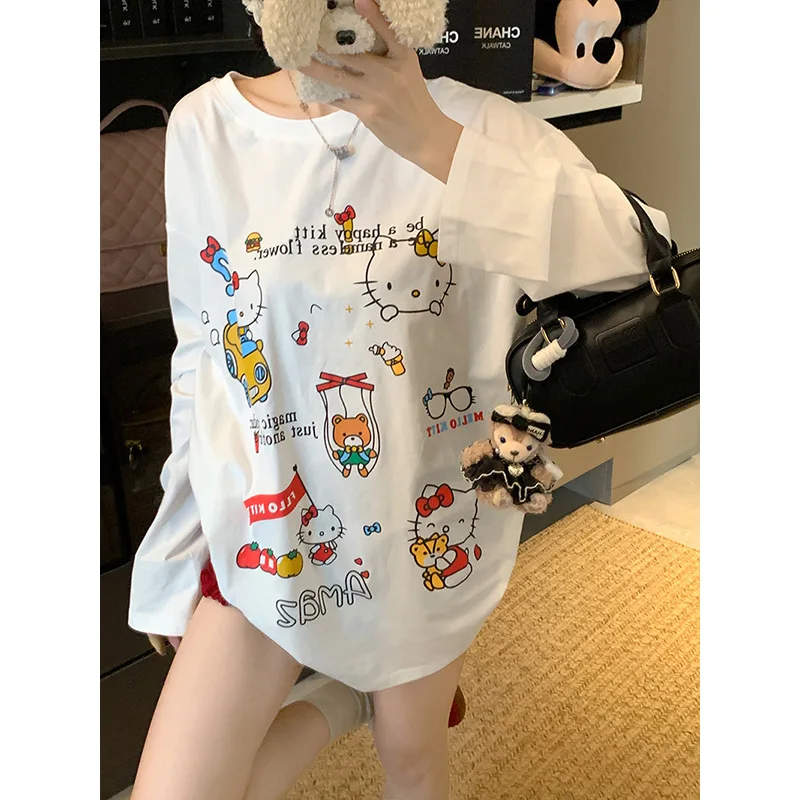 Kawaii Hello Kitty Printed Long-Sleeved Loose T-Shirts Cartoon Cute Couple Outfit Loose Casual and Comfortable Home Clothes