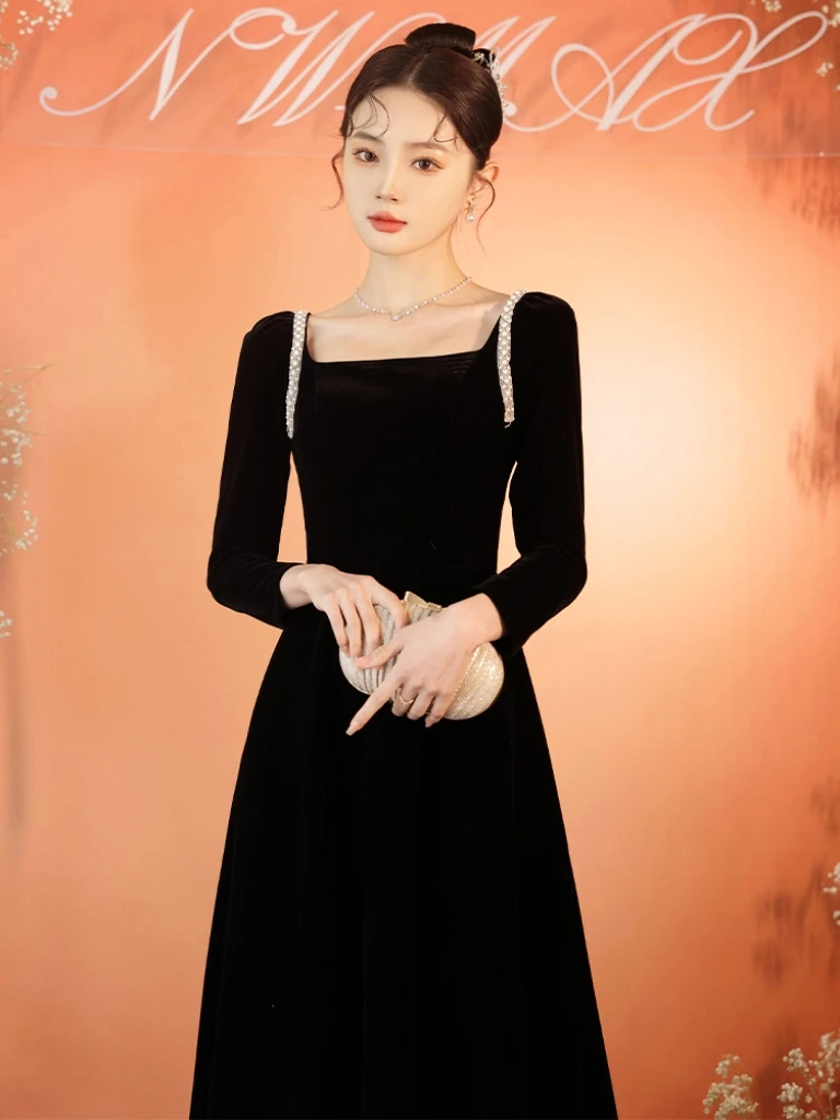 

Black Hepburn Style Prom Dress Square Collar Full Sleeve A-line Satin Ankle Length Slim Waist Women Formal Party Celebrity Gowns