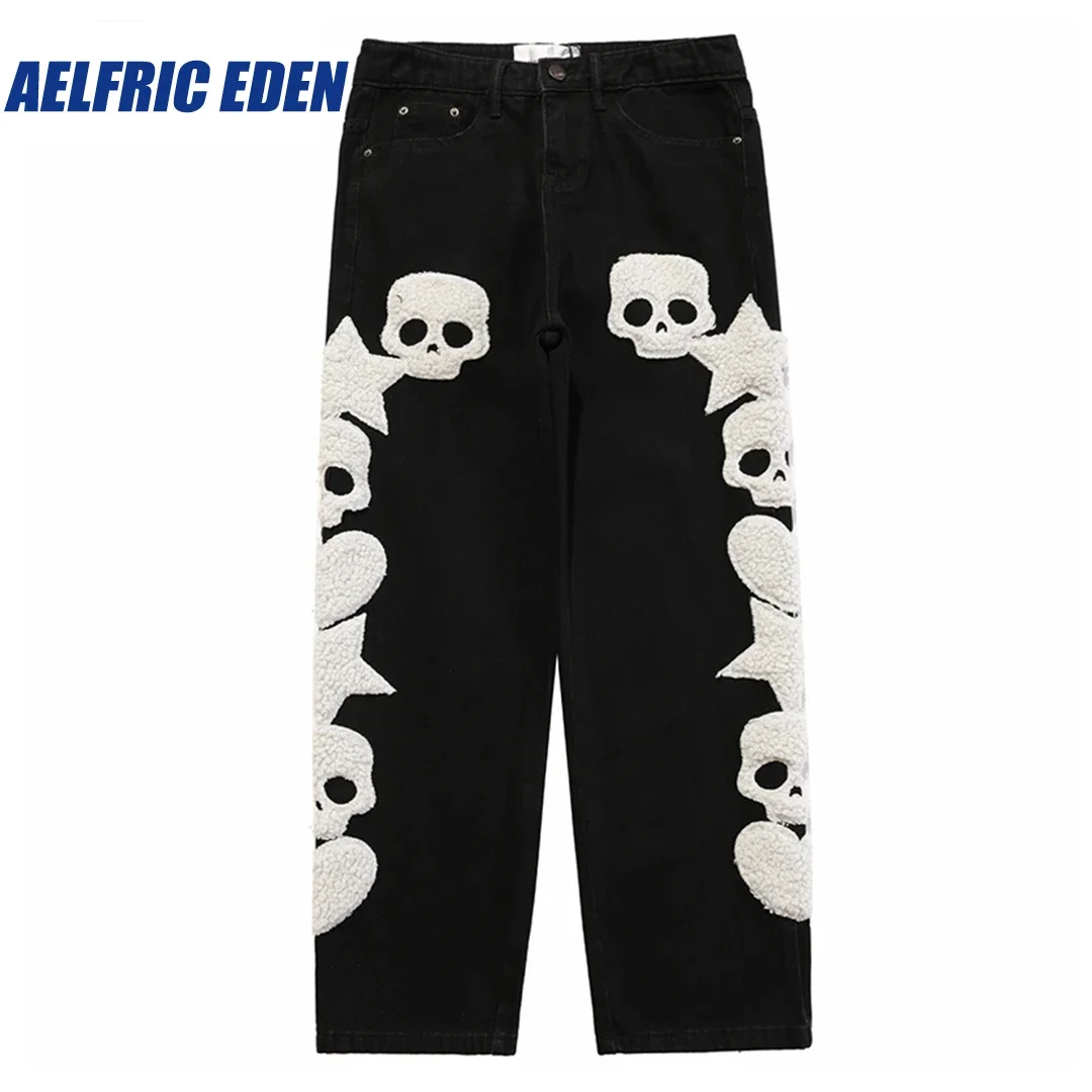 

Aelfric Eden Skull Star Heart Embroidery Denim Pants Hip Hip Denim Pants Streetwear Harajuku Cotton Joggers Jeans Harem Trousers