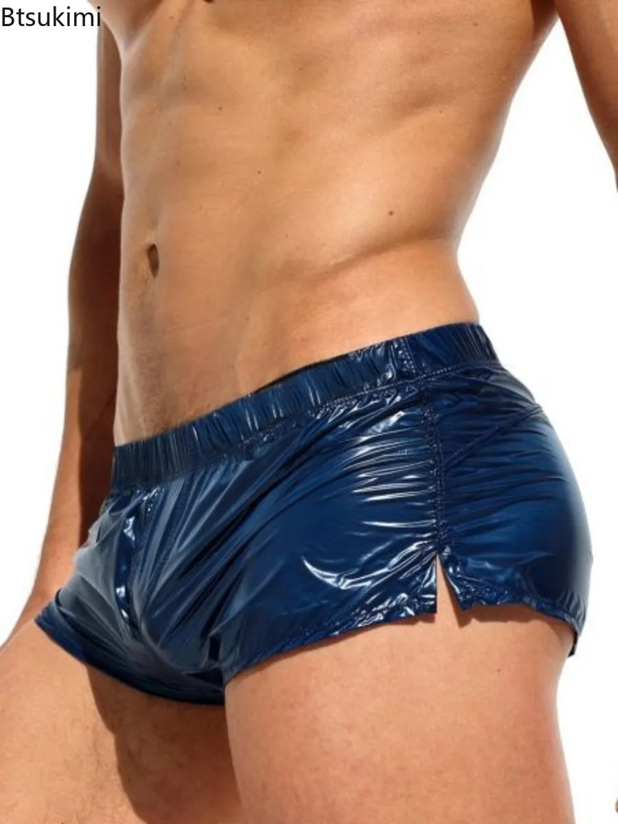 

New Summer Men's Glossy Swimming Trunks Low Waist Side Slit Design Casual Sexy Shorts for Men Swim Pool Party Nightclub Costumes