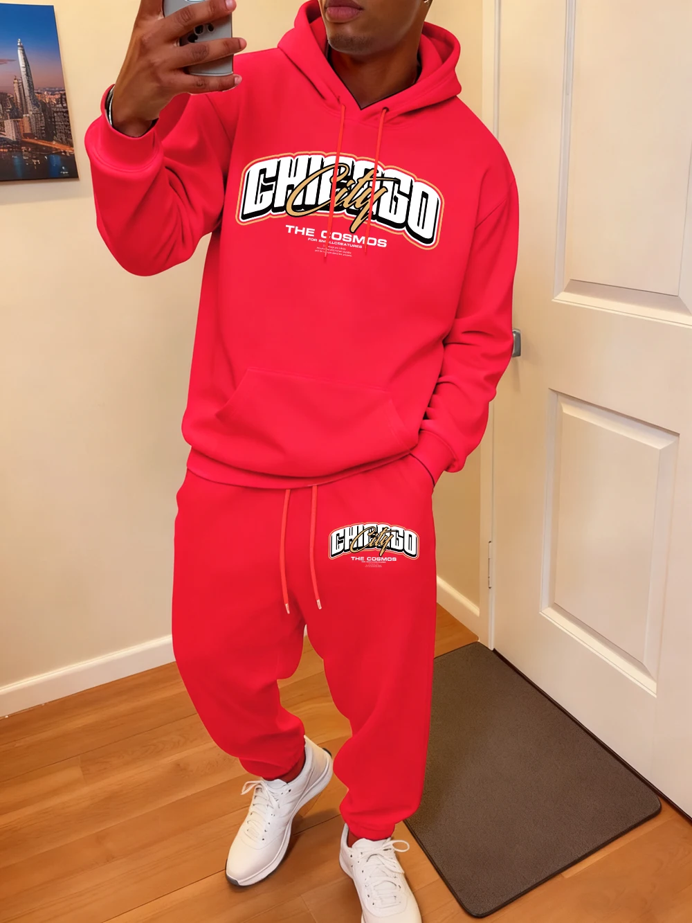 2 قطعة مجموعة هوديي الرجال مدينة شيكاغو كوزموس يطبع Sweatpants رياضي الصوف الدافئة جيب البلوز السراويل الخريف ملابس فضفاضة