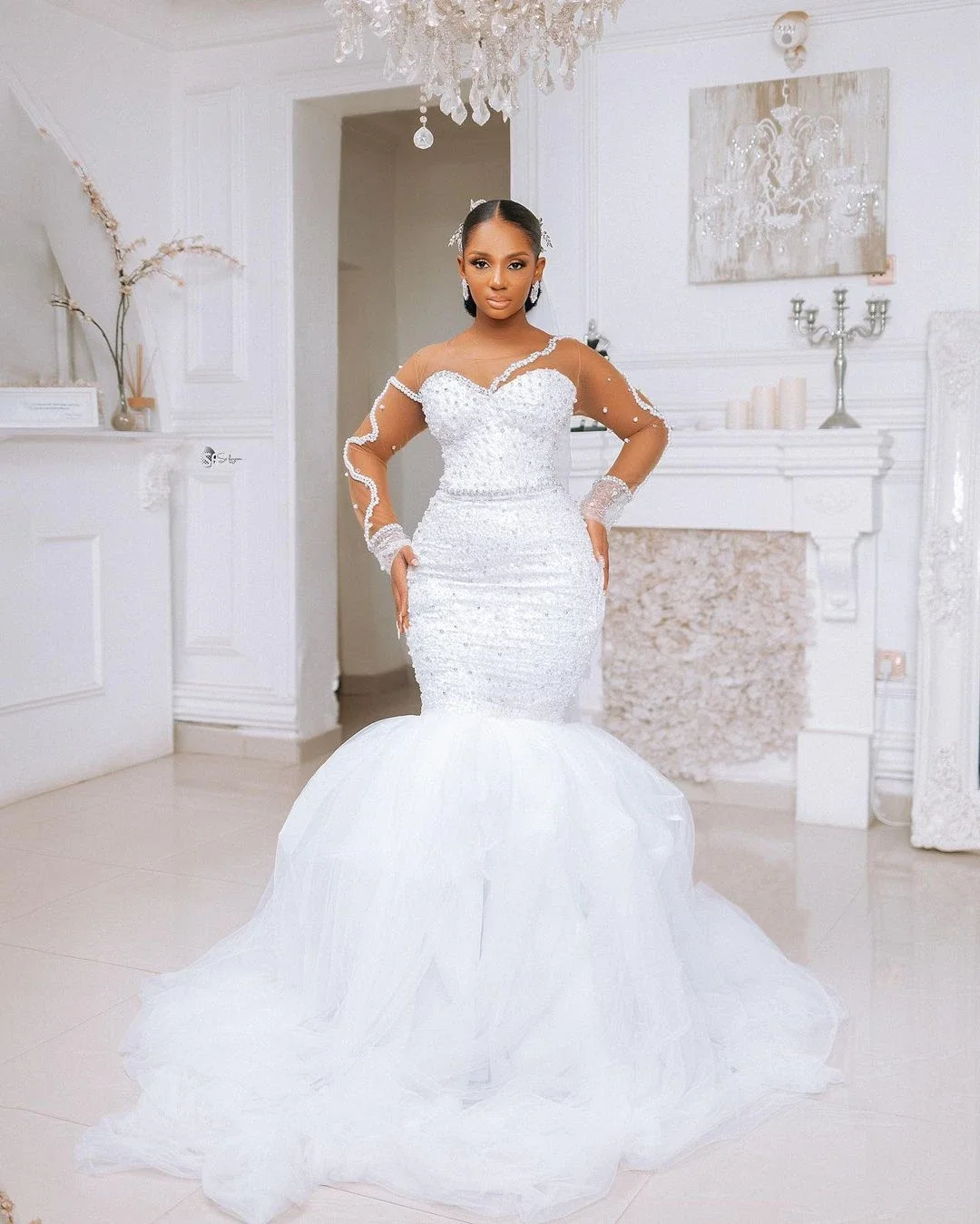 

Роскошное свадебное платье с круглым вырезом и блестящими жемчужными кристаллами по индивидуальному заказу и юбкой Robe De Mariée, свадебные платья с длинными рукавами