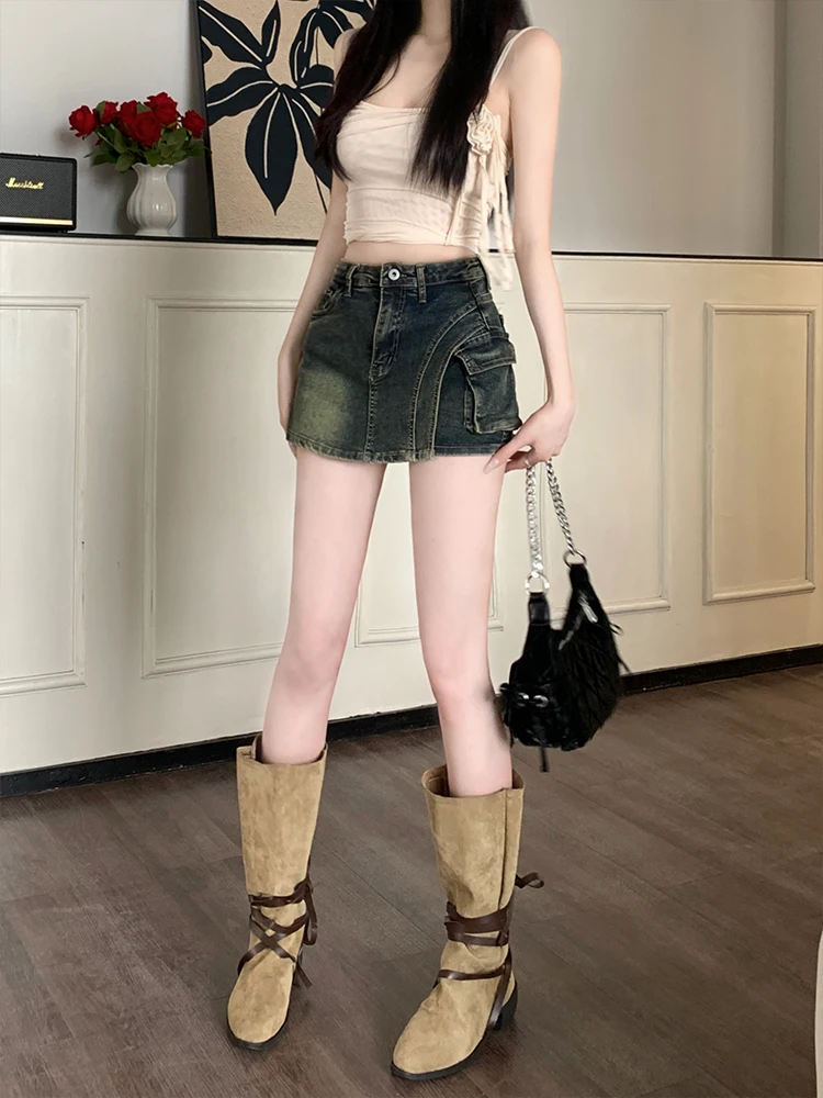 Jupe trapèze taille haute pour femmes, Denim Anti-lumière, pour les déplacements d'été, Version coréenne, bouton, fermeture éclair, conception orth S...