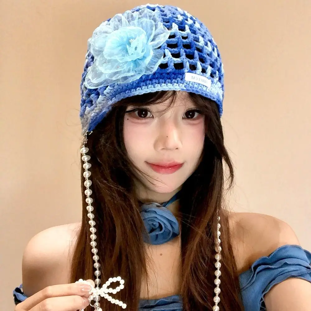 

Bohemian Style Crochet Tassel Beanies Hat Dopamine Color Hollow Flower Pullover Cap Weave Handmade Bow Pearl Beanie Cap
