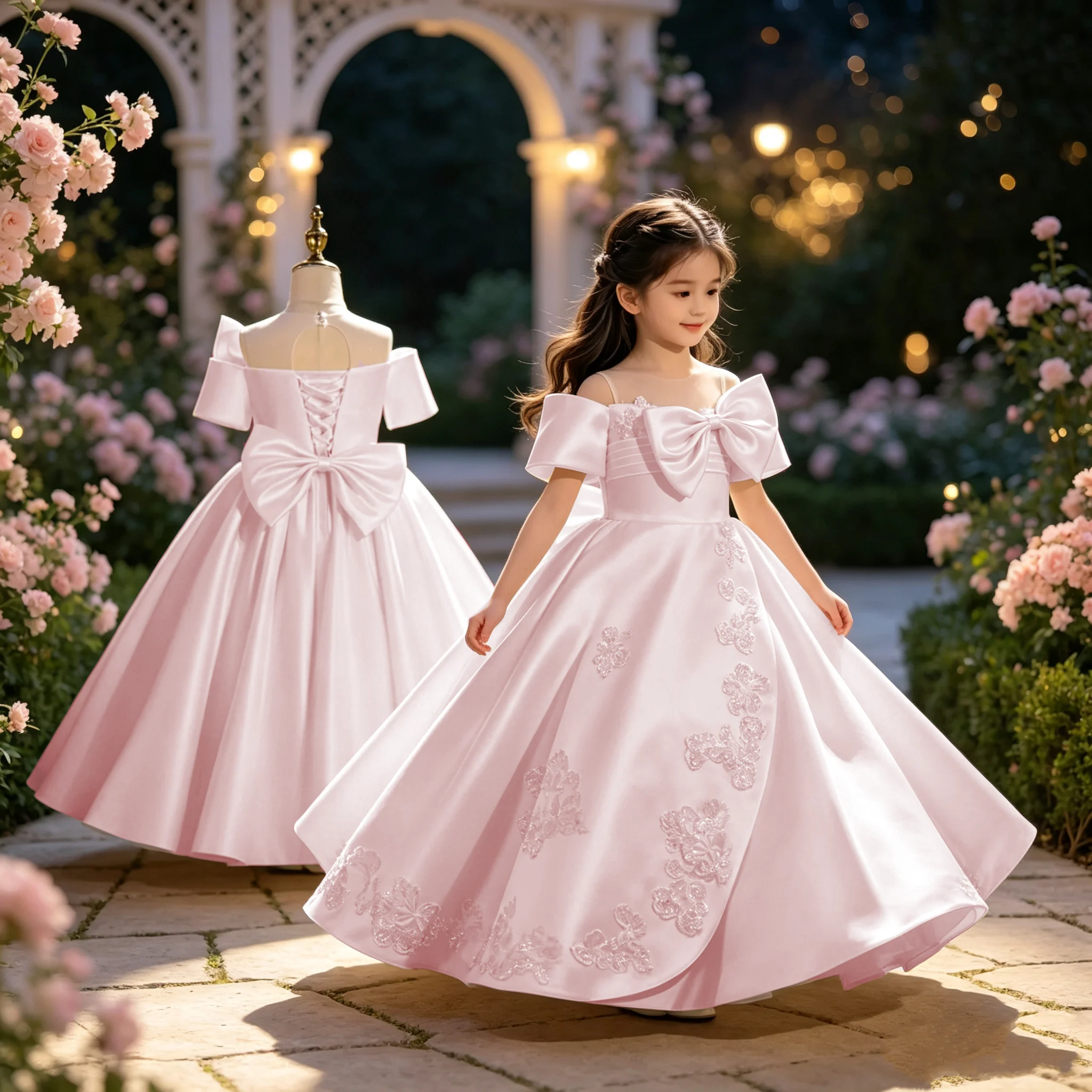 Luxury Satin Off Shoulder Big Bow Flower Girl Dress Wedding 3D Floral Lace Appliques Ball Gown Kids Party First Communion