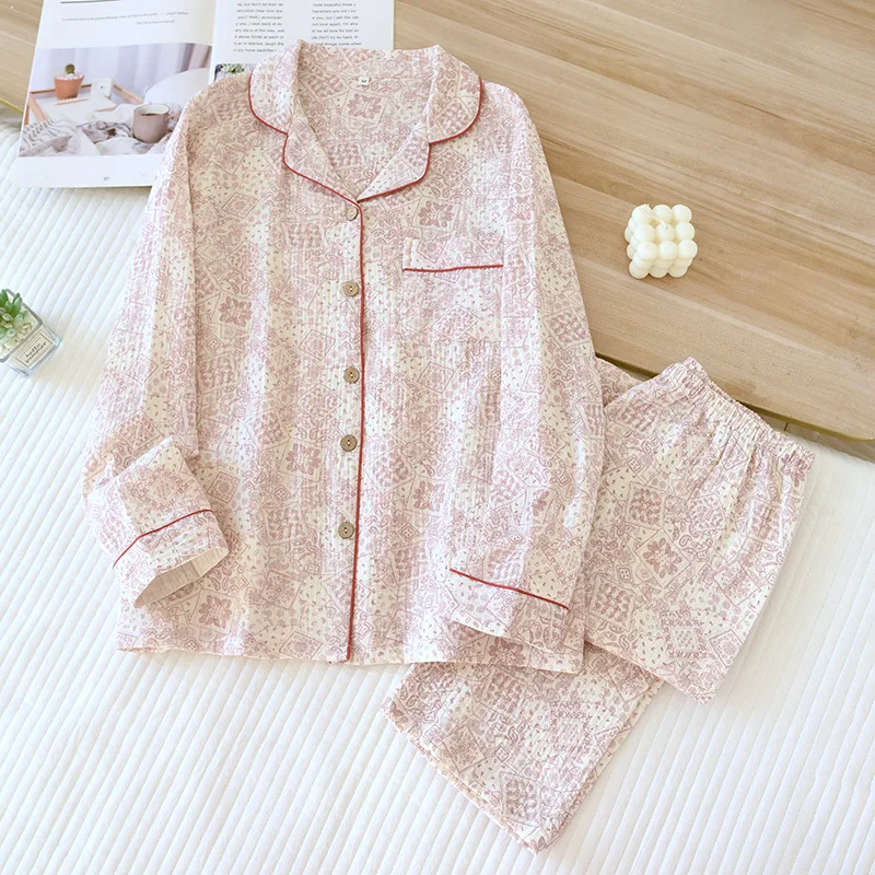 

2025 New Spring and Autumn Women's Pajama Set 100% Cotton Crepe Long Sleeve Long Pants Two Piece Home Clothing Set Sleepwear