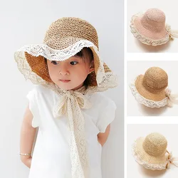 Summer Sun Hats For Kids Soild Color Handmade Straw Hats For Girls Wide Brim Lace Panama Caps Child Outdoor Travel Essential Hat