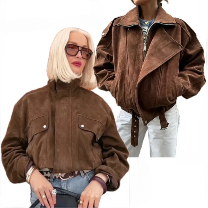 

Европейская и американская новая коричневая куртка для женщин, весенне-осенняя уличная куртка Y2K в стиле ретро, пояс, свободная куртка с карманом на молнии и лацканами