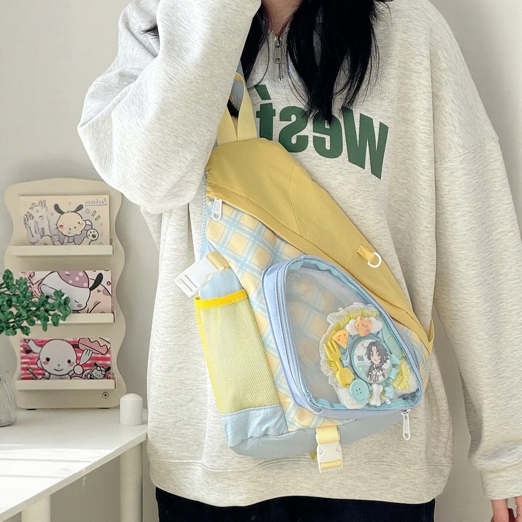 韓国風透明ペインバッグクロスボディグリッドパターンかわいいソフトガールチェストバッグカジュアルファッションナイロン生地ジッパー開閉