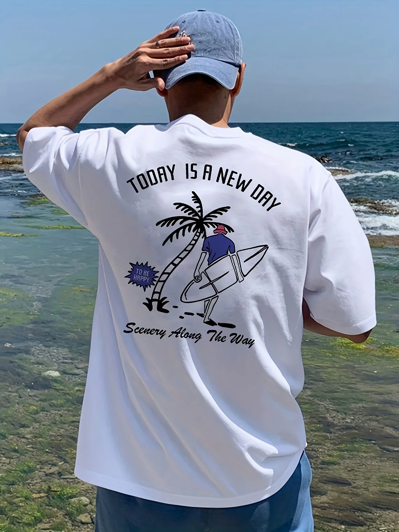 Men's 100% Cotton T-shirt with Surfer Palm Tree and Sun Linear Art Lettering Patterns. Summer Loose Fit Beach Surfing Casual Top