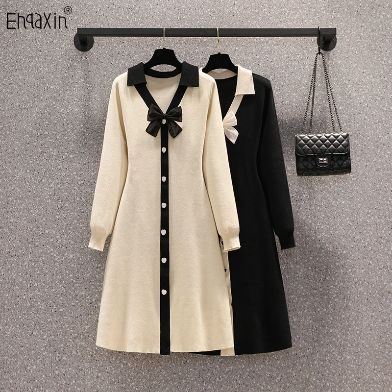 

EHQAXIN Autumn Winter Women's Knitted Dress Fashion 2022 Bow Button Long Sleeve Contrast Color A-Line Dresses For Female M-4XL