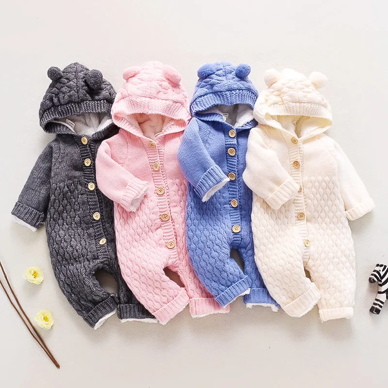 Newborn Baby Knitted Romper with Hood Cute Bear Ear Jumpsuit Warm Sweater Onesie Knit Crawler kids Clothes Infant Boys Girls