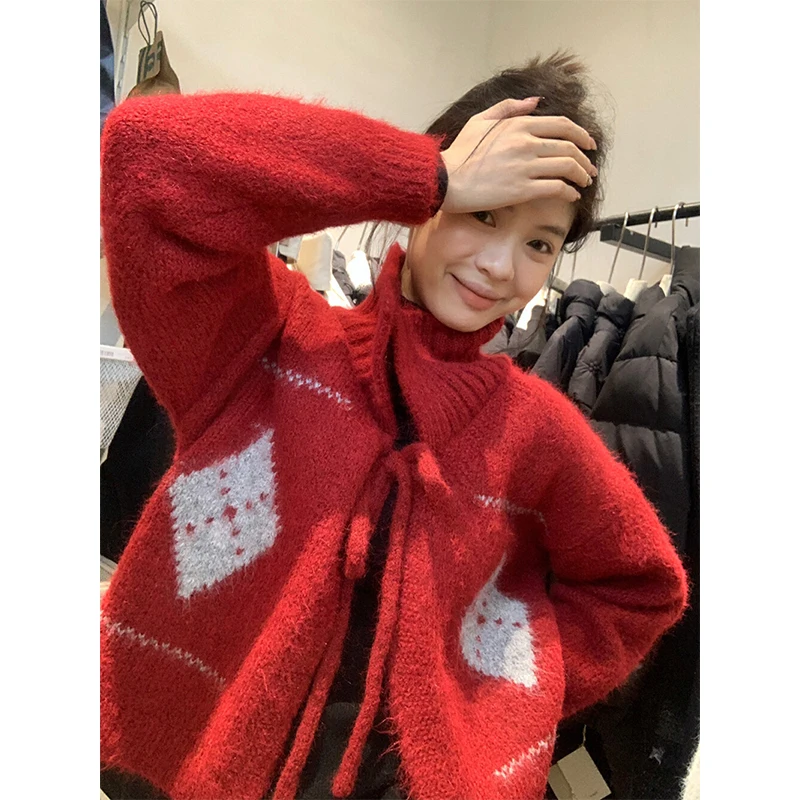 Red Argyle Knitted Cardigan Women Fashion Lace Up White Sweater Outerwears Korean Print Knitwears Winter Long Sleeve Jumpers New view 5