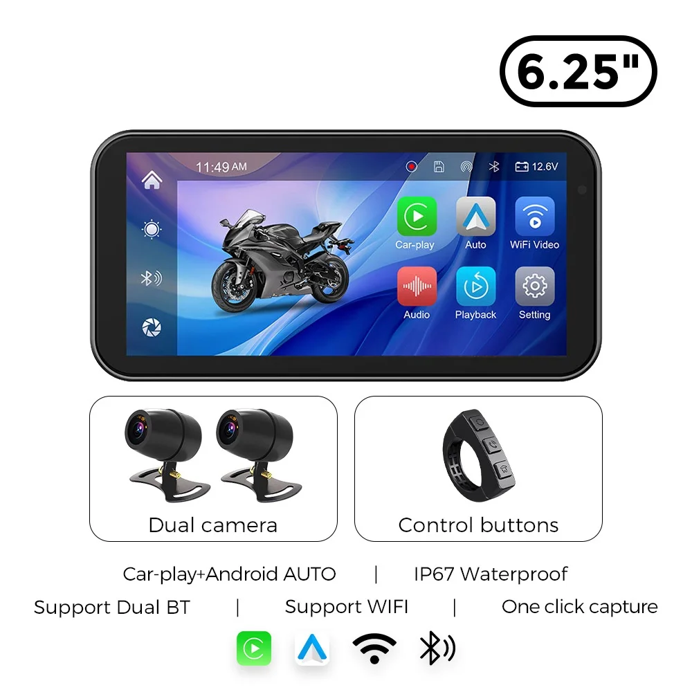 NaviFly 6,25 inch draadloze carplay en Android Auto motorfiets IPX7 BT helmnavigatie scherm draagbare DVR TPMS