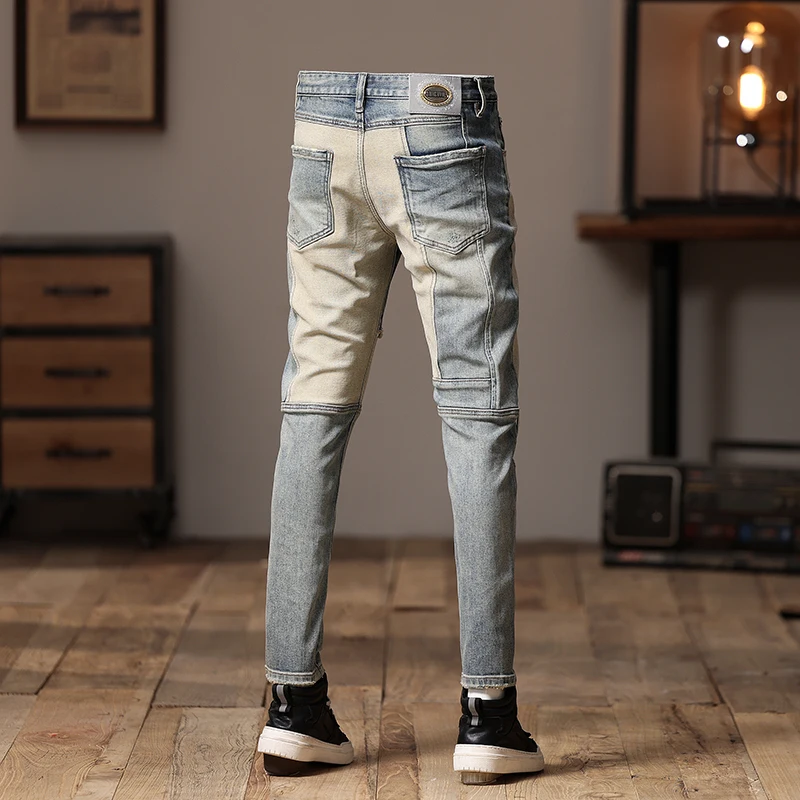 Fashion designer Summer men's jeans retro blue elastic slim fit slit jeans splicing designer hip-hop jeans Hombre
