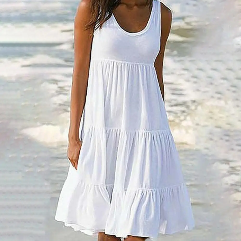 

Women Dress Solid Color Ruffles Knee Length Beach Sundress Solid Color O Neck Off Shoulder Vest Dress Large Hem Tank Dresses