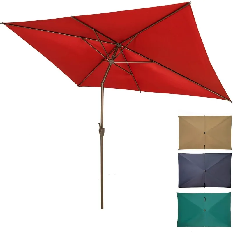 Parapluie de table d'extérieur rectangulaire avec manivelle et bouton poussoir inclinable, 6,5x10 pi, terrasse, arrière-cour, jardin