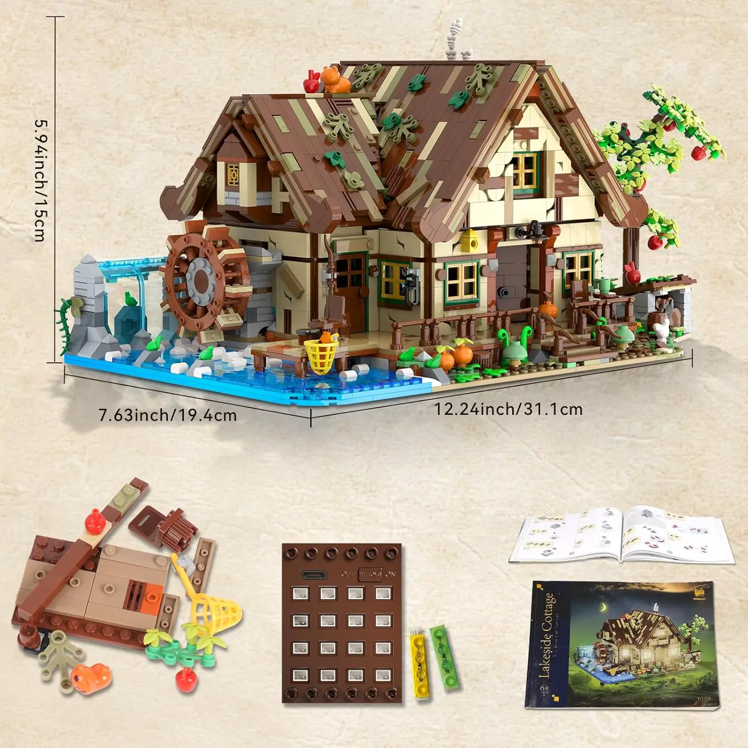Mini Wood Cabin Building Block com luz LED, Forest House Toy, Waterwheel Pond, Animais, Big H, 2570 Pcs