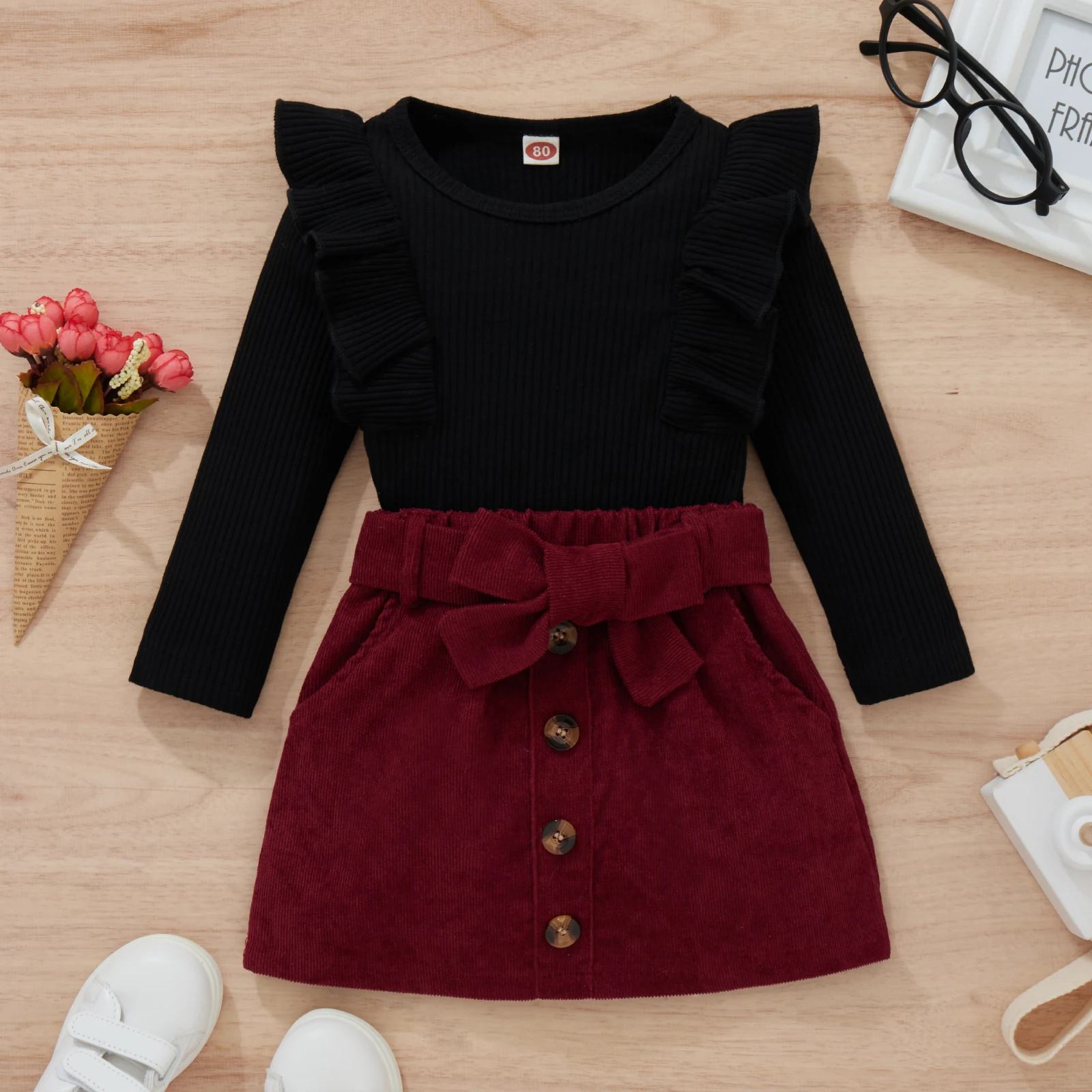 3PCS Autumn New Style 1-4-Year-Old Girl Casual Fashion Round Collar Solid Color Pit Strip Flying Sleeves + Corduroy Short Skirt