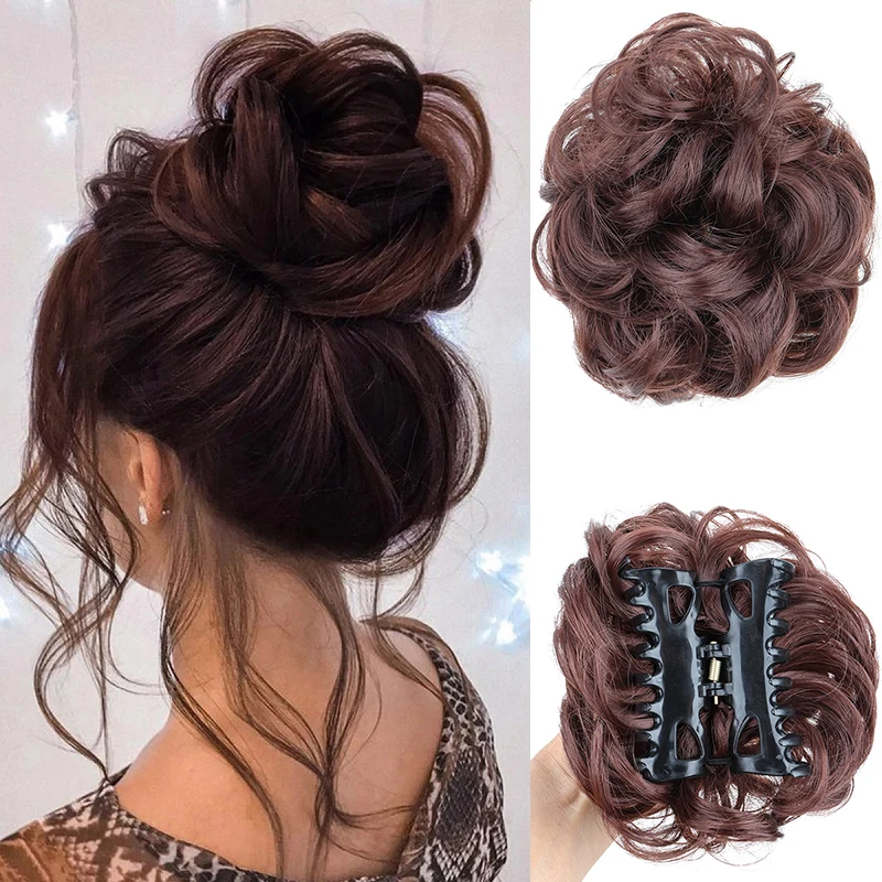 Moño sintético despeinado con pinza de cangrejo, extensión de cabello corto rizado y ondulado, negro y rubio para mujer 6