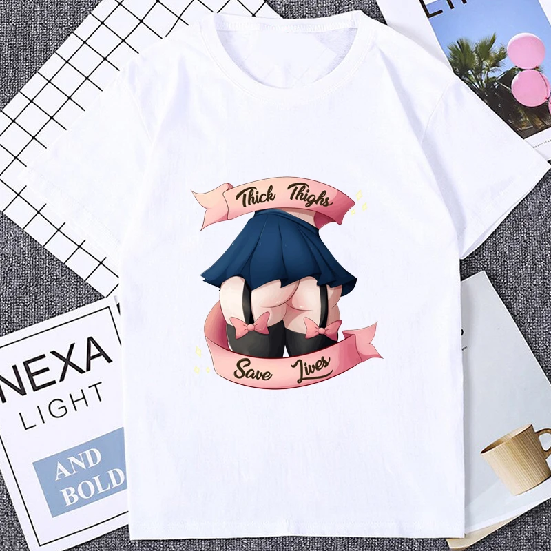 Thick Thighs Save Lives Funny Tshirt Hentai Anime Aesthetic T Shirt Harajuku Manga H Creativity Otaku Tshirt Babe Waifu Clothing