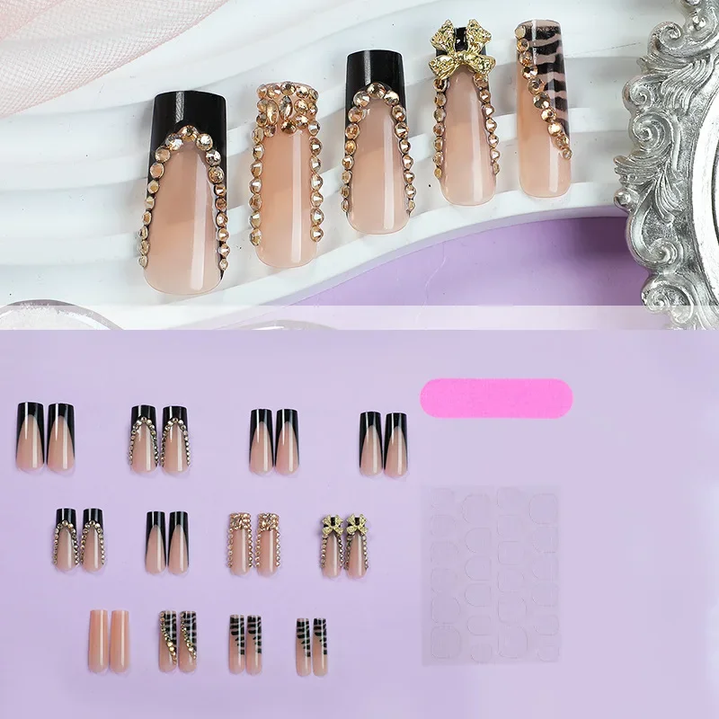 24Pcs Black French Press on Fake Nails Diamonds Bow Design False Nails Elegant Glitter Nail Long Square Full Cover Manicure Tips