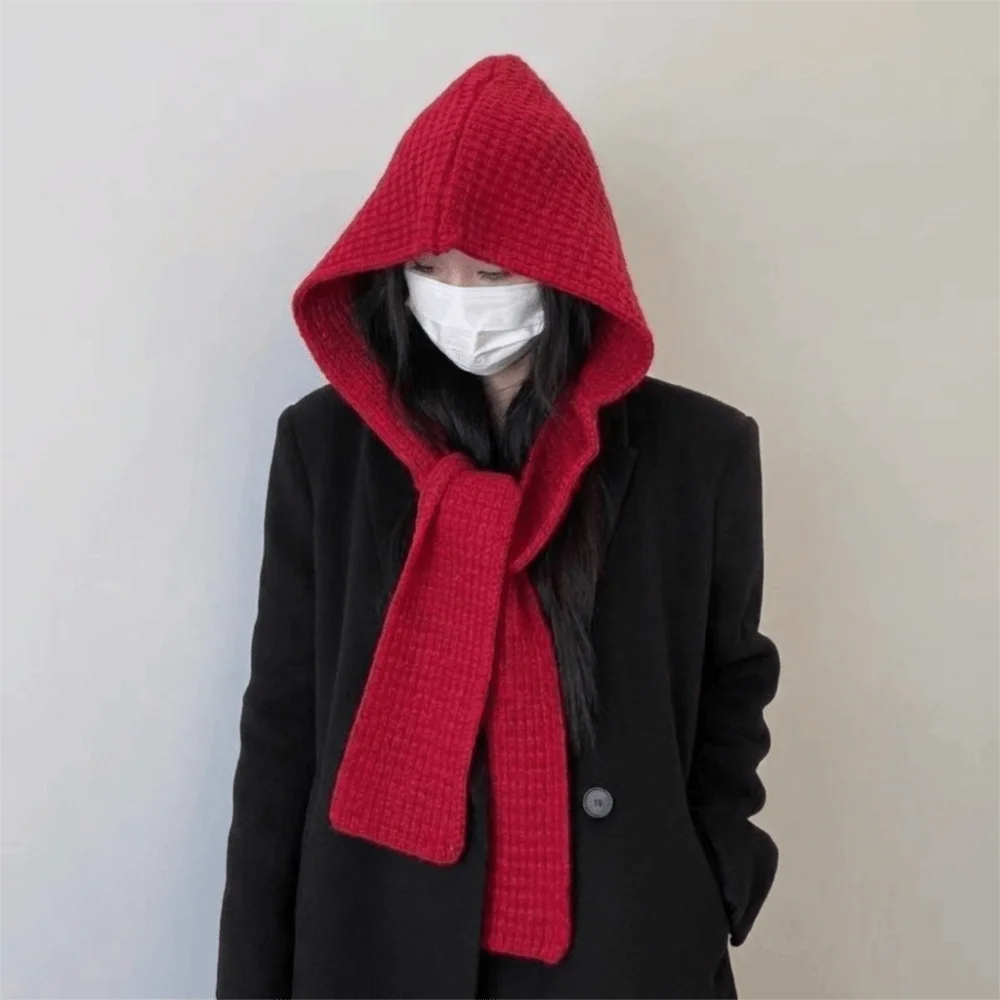Acrylic Fibres Knitted Hooded Caps Soft Embossing Neck Collar Beanies Caps Korean Style Thickened Winter Neckerchief Hat Autumn