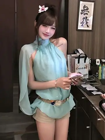 

Корейский нежный шелковый топ-гейша ShangBo с завязками на шее, универсальный, летний, новый, модный женский топ