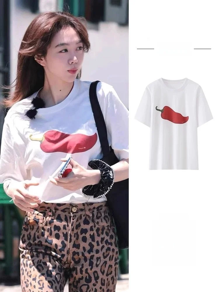 

Loose Casual Short Sleeve T-Shirt Women's Summer Qiangyan White Pepper Print Top Korean Style Knitted Creative Pattern
