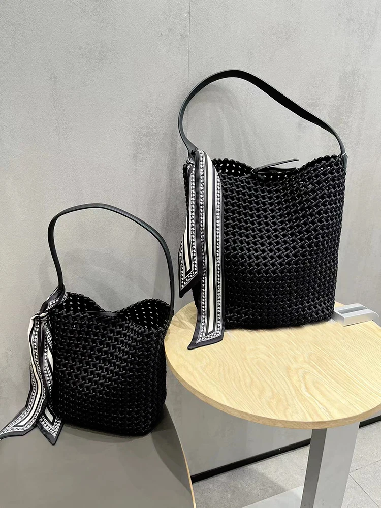 مصمم العلامة التجارية الرجعية حقيبة من القماش المجوف سعة كبيرة دلو حقائب الكتف تحت الإبط للنساء كيس À فام الرئيسي #6