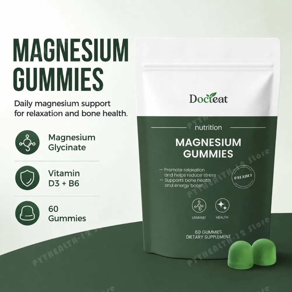 Docteat Magnesium Glycinate Gummies 500mg for Sleep & Stress Relief, Bone Health with Vitamin D3, Calcium Citrate & B6, 60 Count