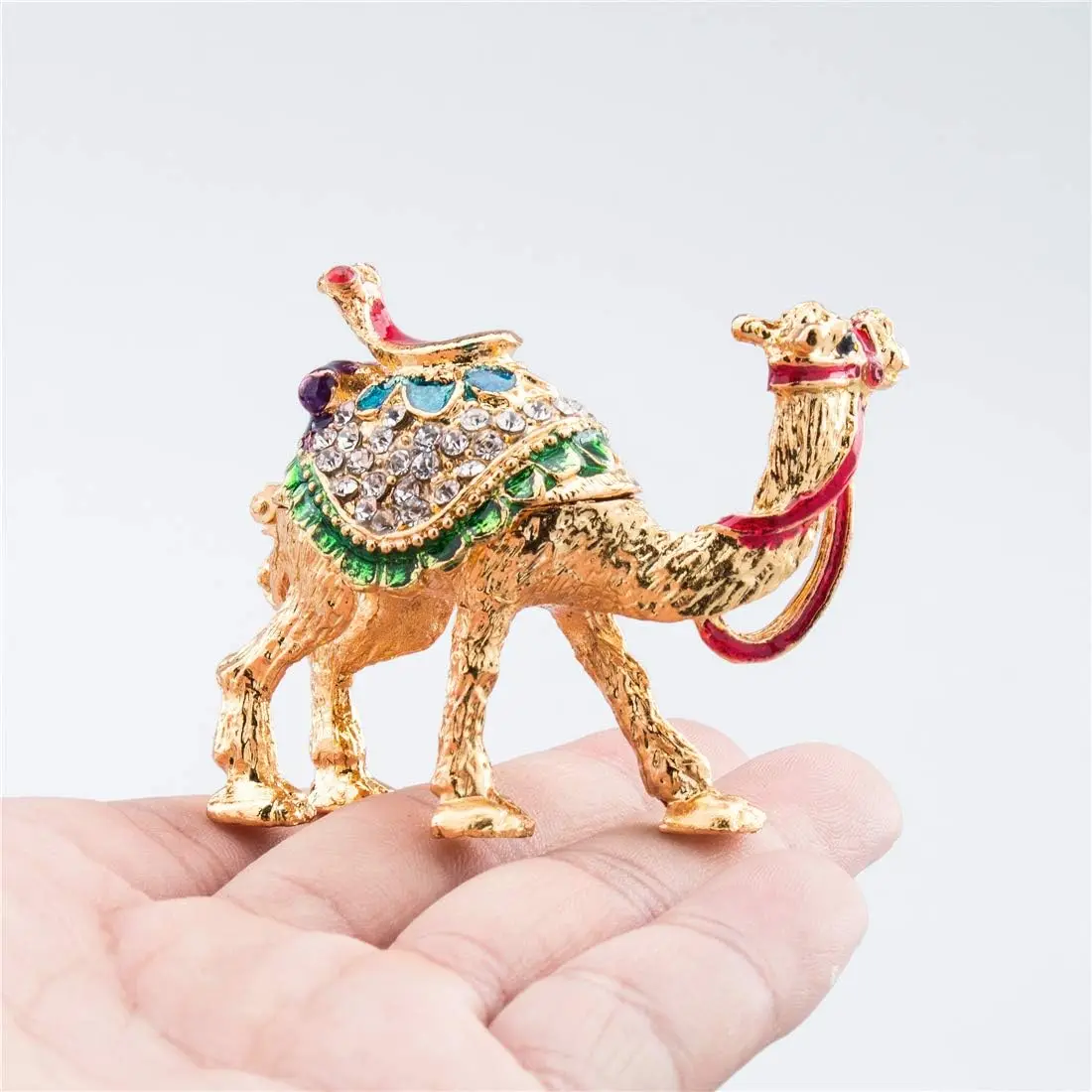 H&D  Crystal Camel Figurines Decor Ornament,Golden Enamel Camel Statues Animal Trinket Jewelry Box Hinged