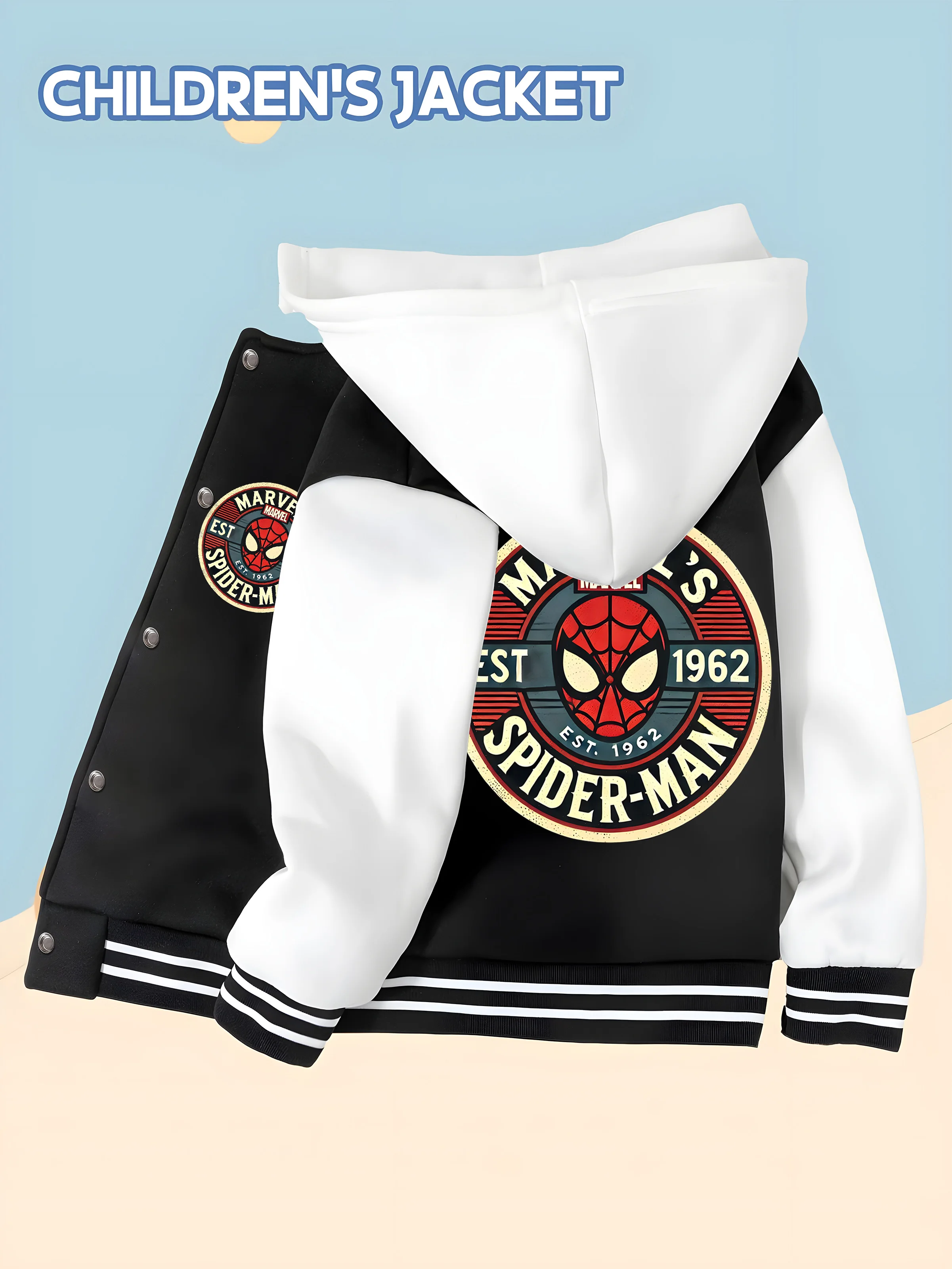miniso-marvel-co-branded-spider-man-boys'-baseball-uniform-with-retro-badge-print-hooded-baseball-style-a-must-have-for-childr