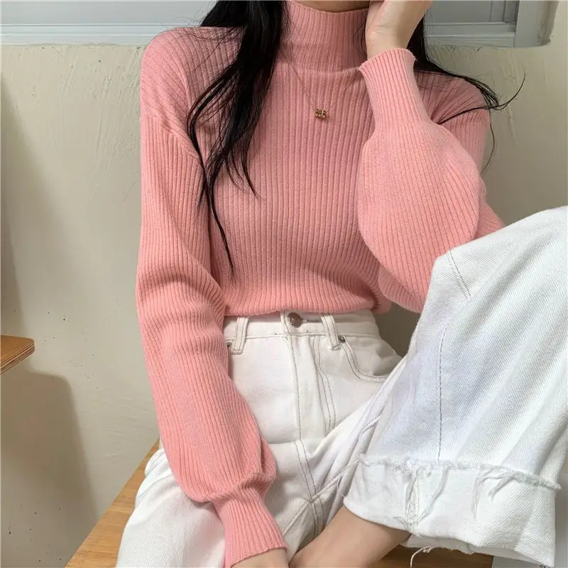 Women\'s Autumn Winter New Fashion Elegant High Neck Pullover Solid Color Knitwear Casual Versatile Western Commuter Youth Top