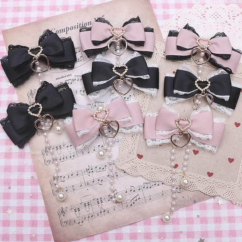 1 Pair Hair Accessories for Women Hairclip Pearl Pendant Heart Headwear Lolita Girl Hairpins Lace Ribbon Bow Sweet Side Clip