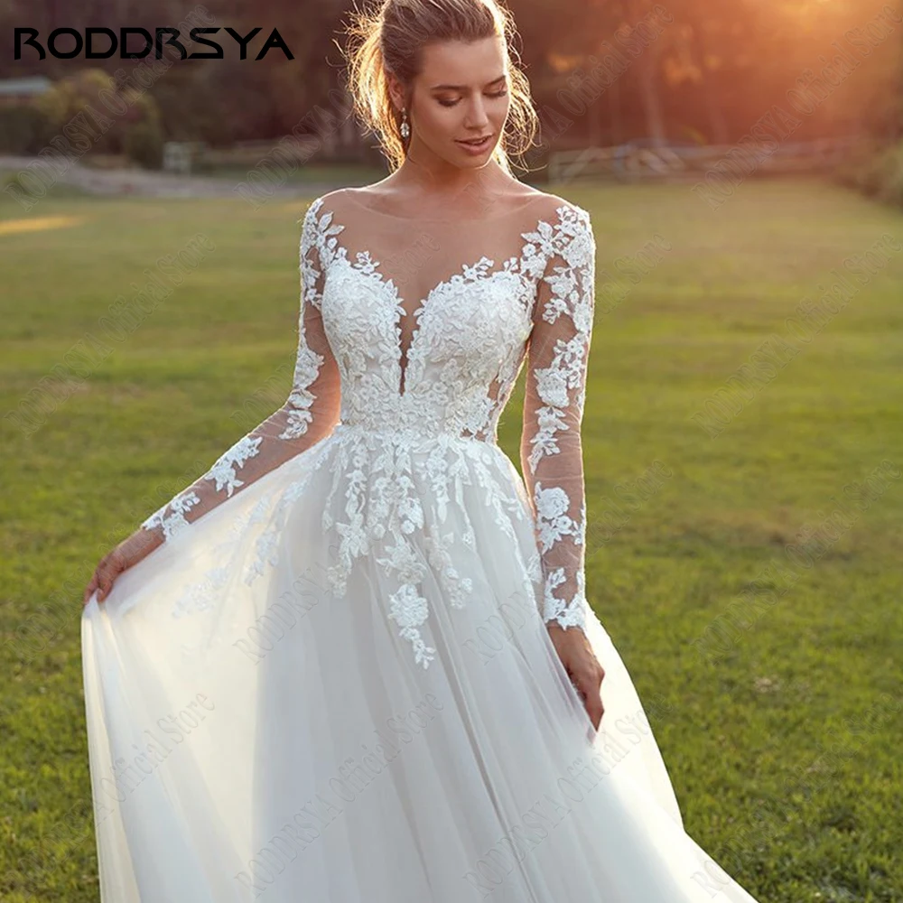 RODDRSYA Customized Wedding Dress Women Long Sleeves Illusion Back Scoop Bride Gown Applique A-Line Tulle Boho vestidos de novia